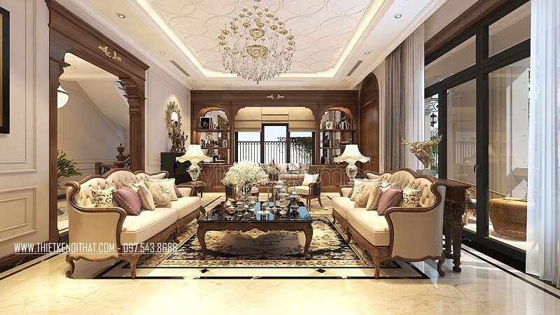 Mẫu bàn trà  gỗ cao cấp màu nâu trầm kết hợp với bộ sofa da tân cổ điển mang đến vẻ đẹp sang trọng, đẳng cấp cho phòng khách.